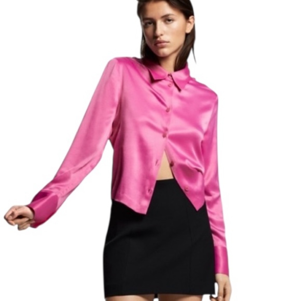Zara Hot Pink Satin Effect Button Down Cropped Blouse - S
